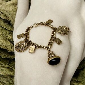 Vintage Gold Toned Charm Bracelet with Black Accents